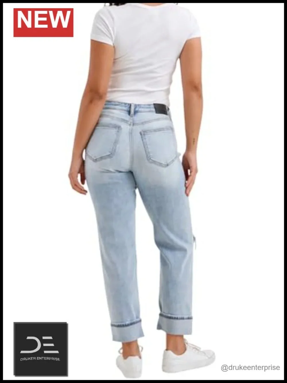 Boyfriend Jeans Mid Rise Distressed Rolled Cuff Denim with Bandana Loop Detail